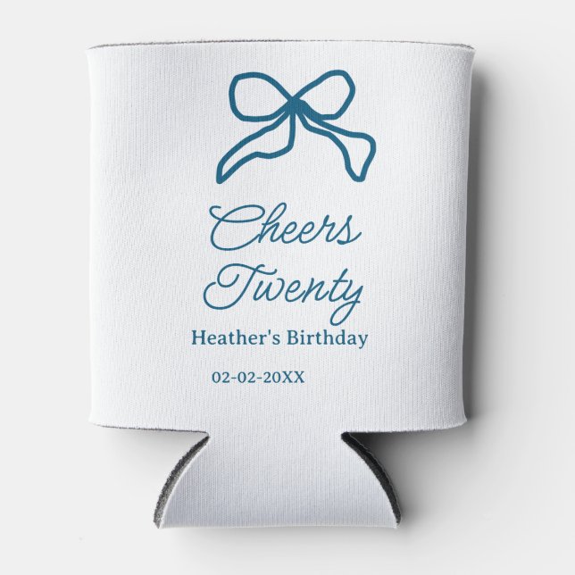 Porta-lata Cheers twenty blue birthday bow name date boho ret (Frente)