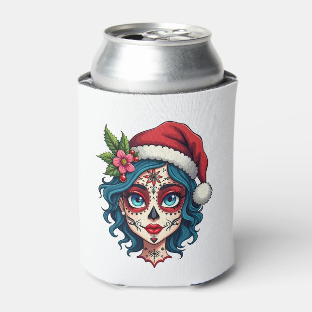 Porta-lata Christmas Sugar Skull Art Woman Santa Hat Festive  (Can Front)
