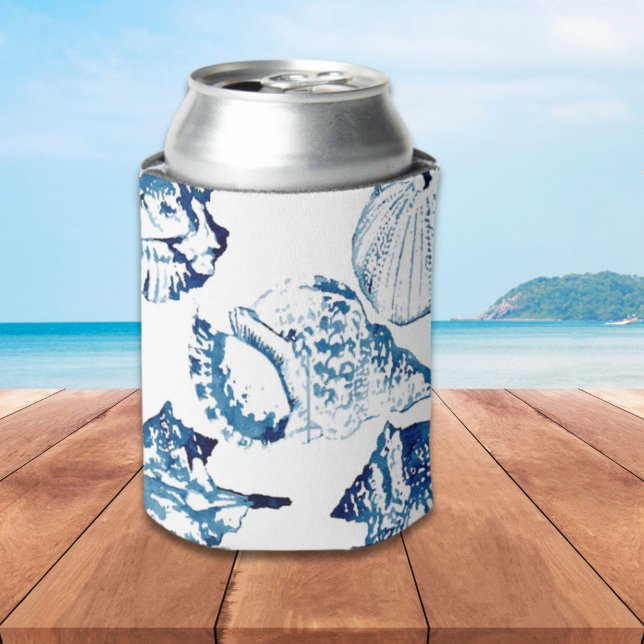 Porta-lata cic costeira indigo azul oceano aquarela (coastal chic indigo blue ocean watercolor seashell can cooler)