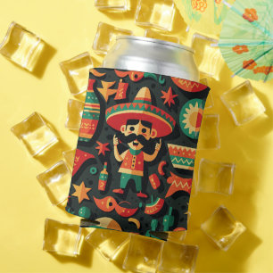 Porta-lata Cinco de Mayo. Padrão animado mexicano brilhante
