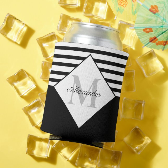 Porta-lata Cinza Azul Marinho Moderno Náutico Grelha Monogram (Verão in situ)