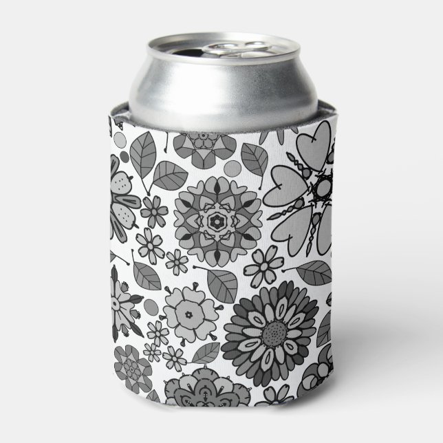 Porta-lata Cinza Negra Branca Retro Arte Floral Padrão Invisí (Can Front)