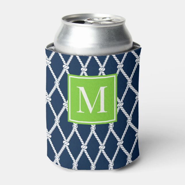 Porta-lata Coastal Preppy Nautical Monogram - Navy & Lime (Can Front)