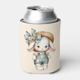 Porta-lata Coelho Fofo de Macacão com Chapéu de Palha e Canec