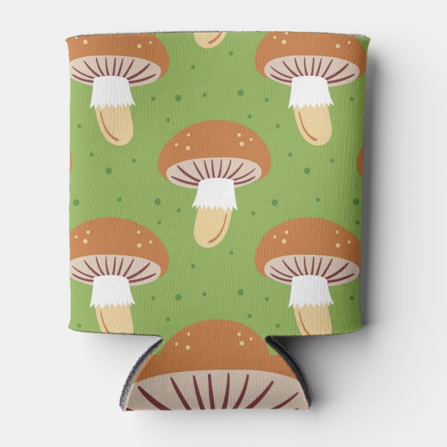 Porta-lata Cogumelos de outono: padrão verde sem costura. (Frente)