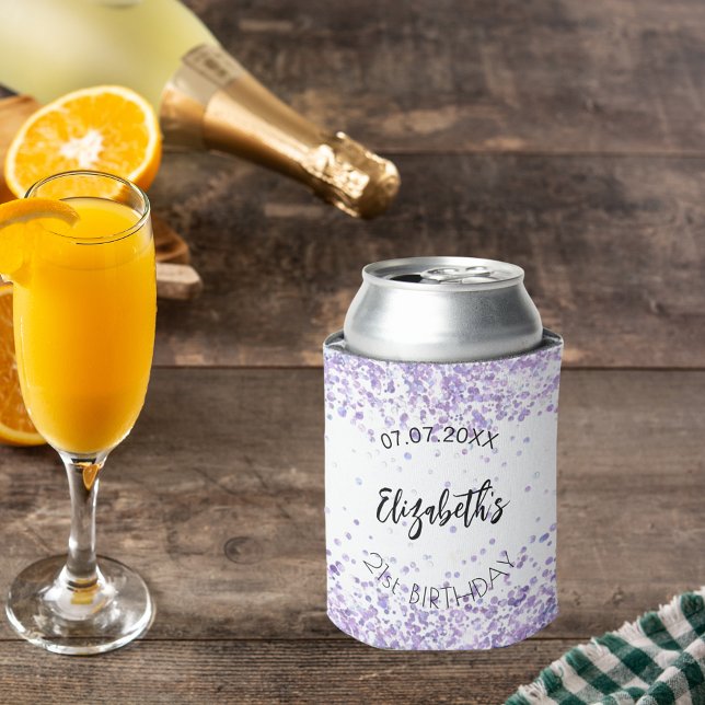 Porta-lata Confete violeta branco de aniversário (Criador carregado)