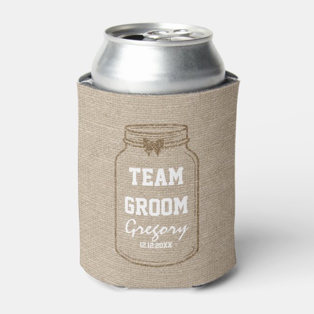 Porta-lata Convites de Casamento | Mason Jar Linen TEAM GROOM (Can Front)