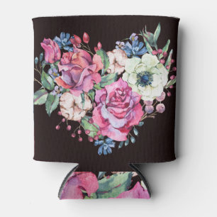 Porta-lata Coração floral de aquarelas: rosas de colheita.