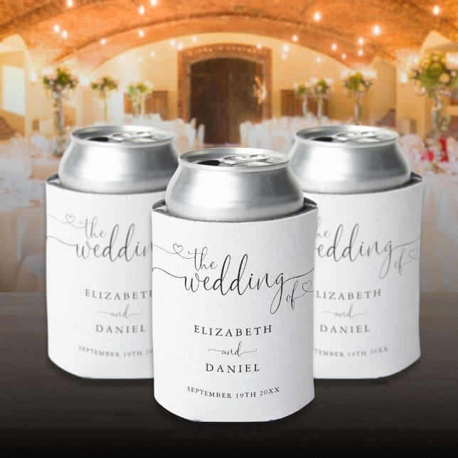 Porta-lata Coração Preto e Branco Roteiro Casamento (Black And White Heart Script Wedding Can Cooler)