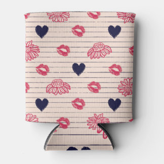 Porta-lata Corações vermelhos, lábios, padrão de margaridas.
