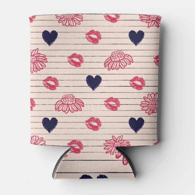 Porta-lata Corações vermelhos, lábios, padrão de margaridas. (Frente)