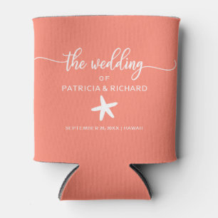Porta-lata Coral e branco do casamento do destino da praia da
