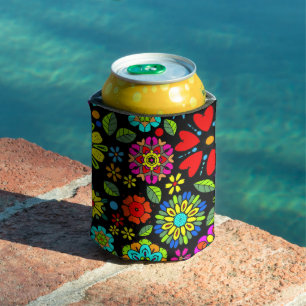 Porta-lata Cores Neon Em Preto Padrão Floral Retro Sem Costur
