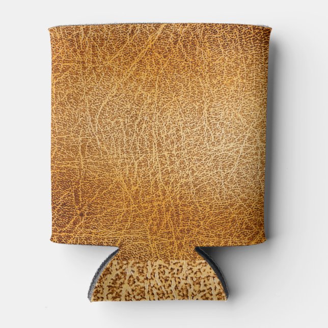 Porta-lata Couro Marrom: Fechamento Detalhado da Textura (Frente)