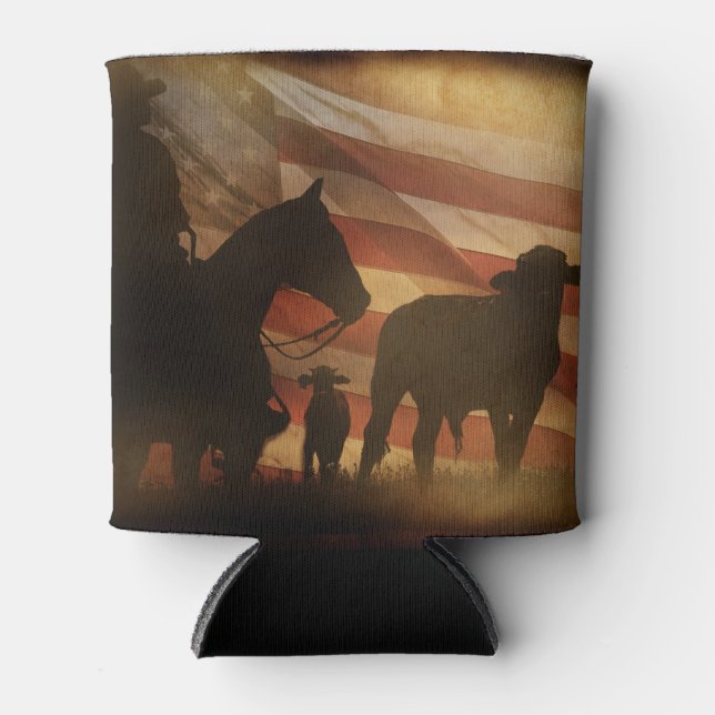 Porta-lata Cowboy e bandeira americana - latão aflita (Frente)