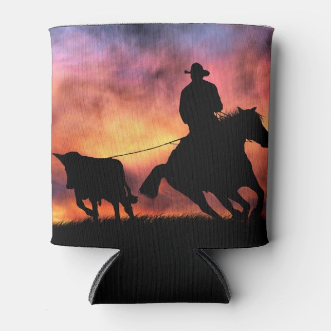 Porta-lata Cowboy Steer Roping fora da Koozie de Cavalo (Frente)