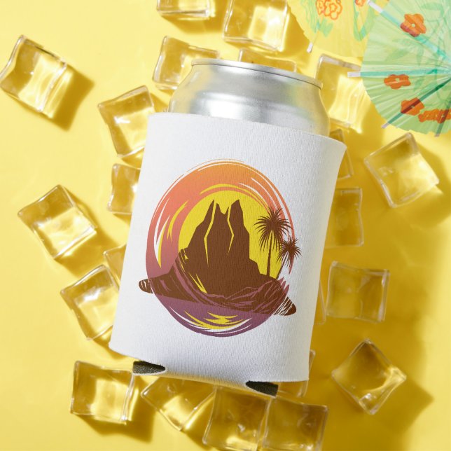 Porta-lata Crachá com paisagem vulcânica tropical e palmeiras (Verão in situ)