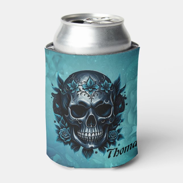 Porta-lata Crânio azul escuro com rosas. (Can Front)