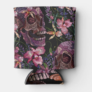 Porta-lata Crânio bordado: Padrão Orquídeo Gótico