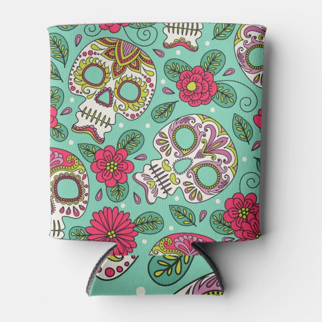 Porta-lata Crânio mexicano e flores, sem costura. (Frente)