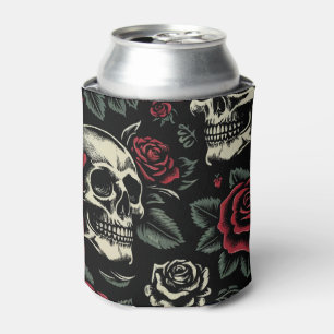 Porta-lata Crânios & Rosas Vermelhas Floral Gótico