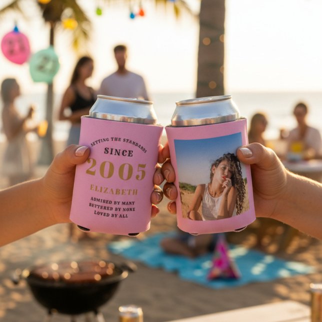 Porta-lata Custom 21st Birthday Pink Gold With Photo (Two 21st Birthday pink can coolers showing front and rear with a beach background.)