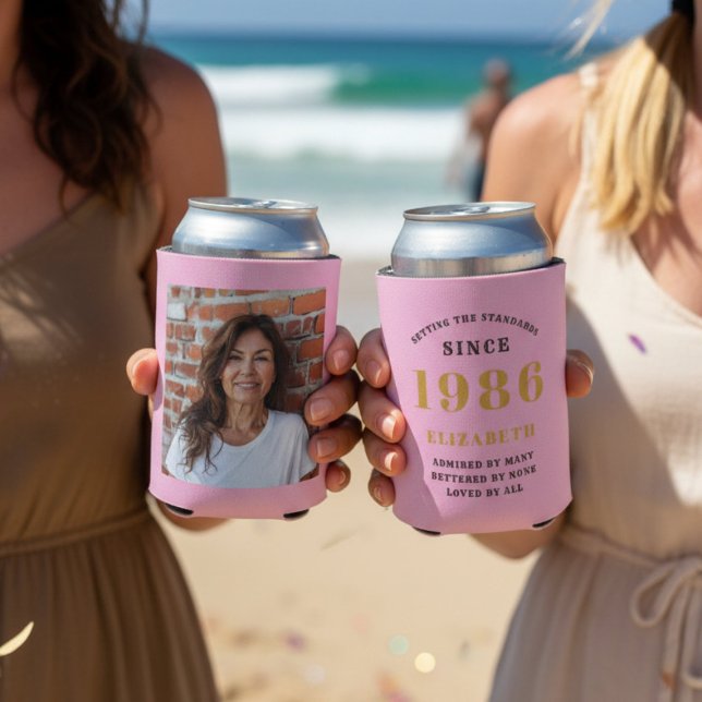 Porta-lata Custom 40th Birthday Pink Gold With Photo (two pink 40th birthday can coolers with beach background.)