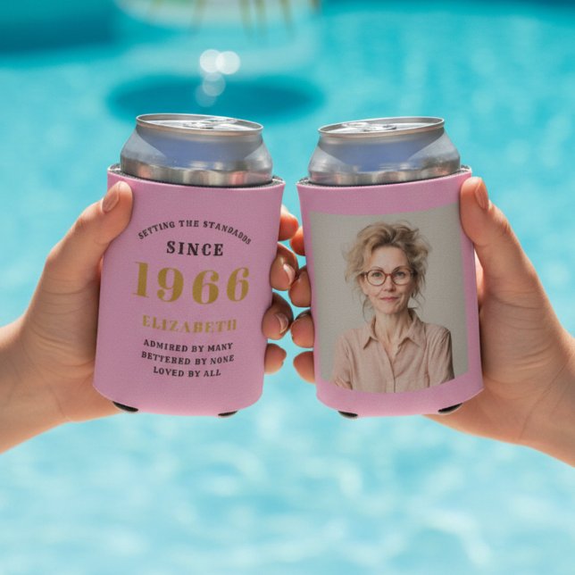 Porta-lata Custom 60th Birthday Pink Gold With Photo (60th birthday can coolers showing front and rear. With a pool as background.)