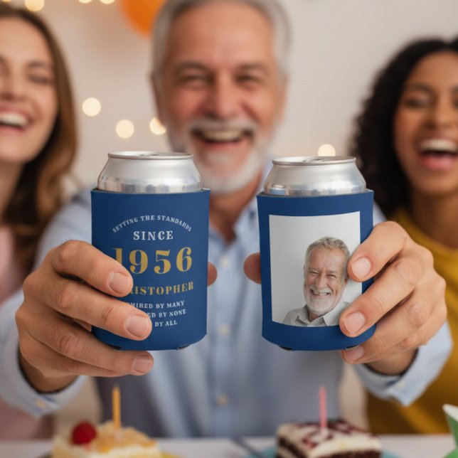 Porta-lata Custom 70th Birthday Blue Gold With Photo (70th Birthday can coolers showing front and rear.)