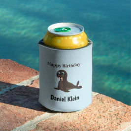 Porta-lata Custom birthday cute gray seal blue