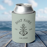 Porta-lata Custom Boat Name Anchor Crest Nautical Lake House<br><div class="desc">This sage green boat name can cooler blends relaxed coastal style with a timeless nautical crest. Featuring a classic anchor and ship wheel emblem, it is personalized with your boat name, location, and established date. The soft sage tone adds a modern lake house aesthetic, perfect for marina gatherings, dockside evenings,...</div>