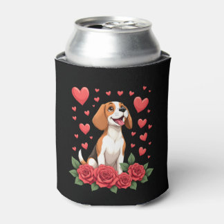 Porta-lata Cute Beagle with Red Roses Hearts Floral Valentine