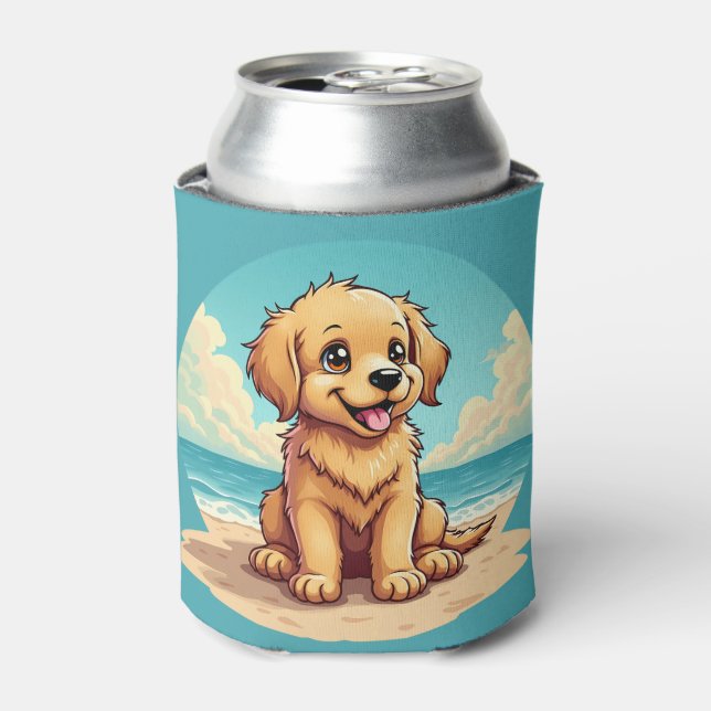 Porta-lata Cute Golden Puppy at Sunny Beach Scene (Can Front)