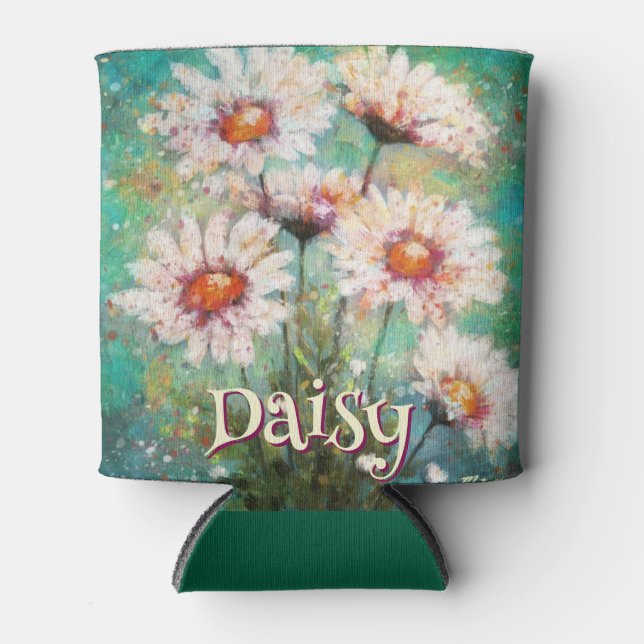 Porta-lata Daisies Impressionistic Floral Teal Personalized (Frente)