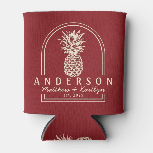 Porta-lata Deep Cranberry Pineapple Wedding Arch & Name (Frente)