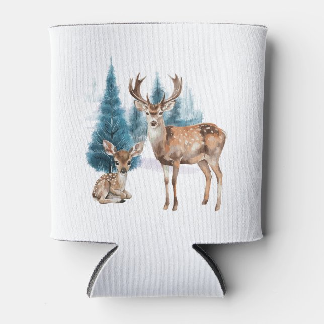 Porta-lata Deer and doe with snowy pine tree (Frente)