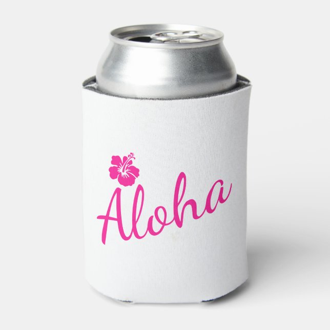 Porta-lata Design de texto rosa original ALOHA e flor (Can Front)