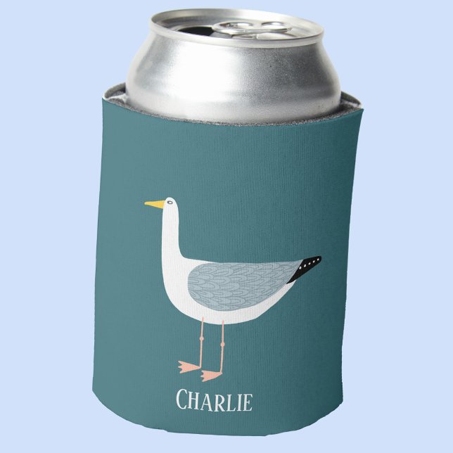 Porta-lata Diversão Personalizada do Seagull (Personalized name seagull teal green can cooler)