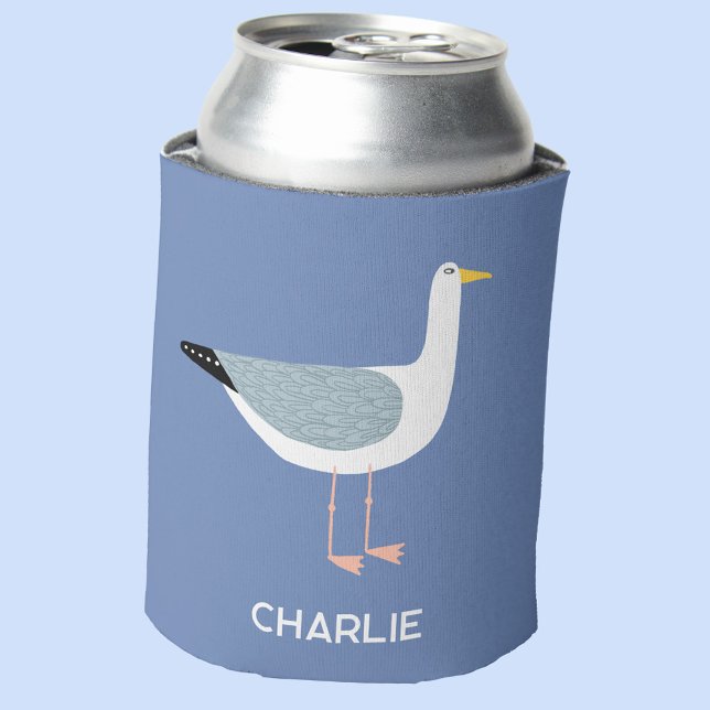 Porta-lata Diversão Personalizada do Seagull (Personalized name seagull blue can cooler)