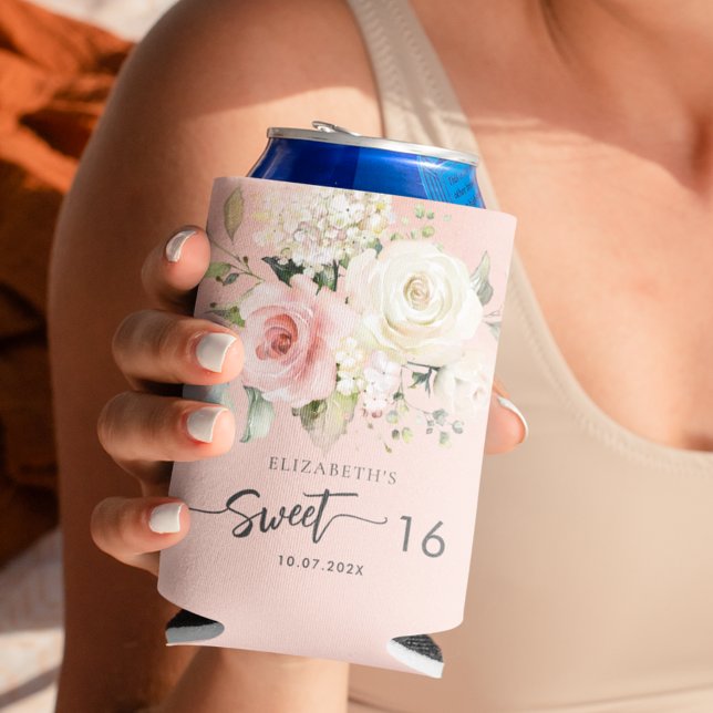 Porta-lata Doce Floral Rosa 16 Festa de aniversário (Pink Floral Script Sweet Sixteen Can Cooler)