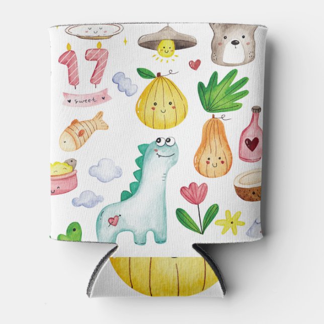 Porta-lata Dodles de aquarela Kawaii, pronto para autocolante (Frente)