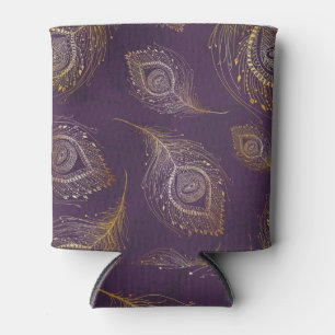 Porta-lata Dourada pena de pavão, fundo violeta.