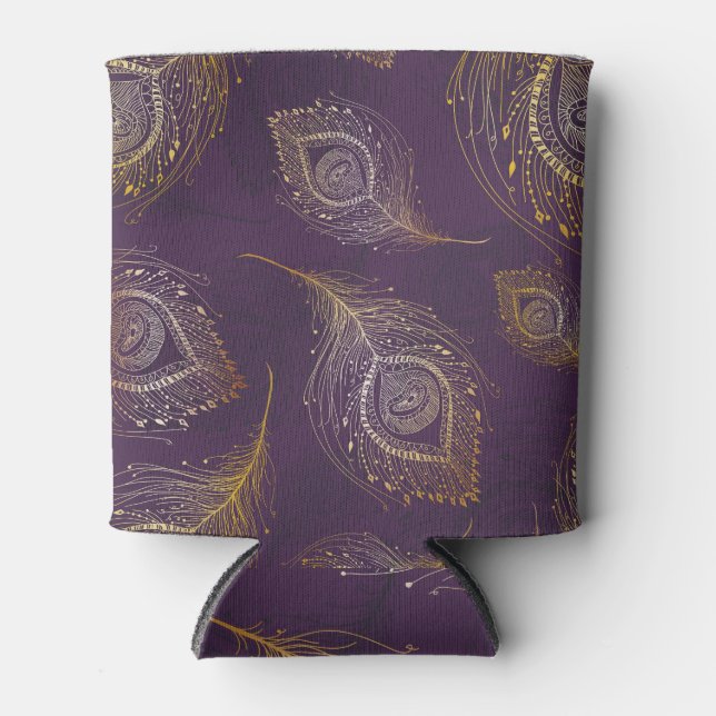 Porta-lata Dourada pena de pavão, fundo violeta. (Frente)