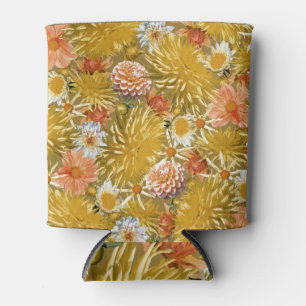 Porta-lata Douradas flores dahlia, design floral vintage.