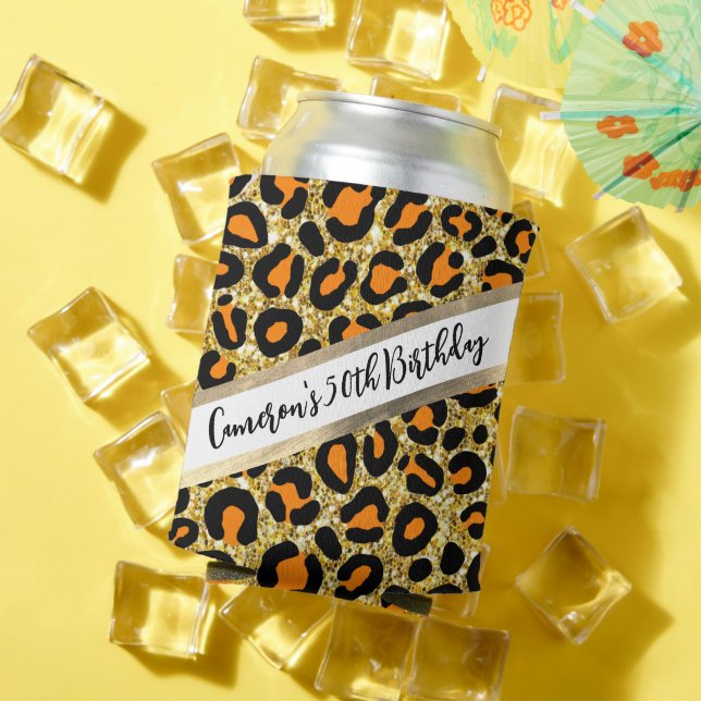 Porta-lata Dourado Dia de Aniversário Glitter Leopard Girly C (Verão in situ)