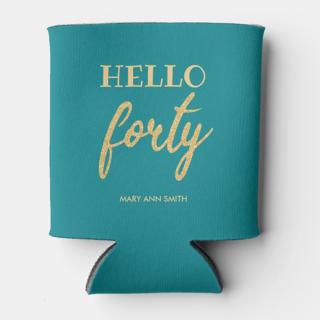 Porta-lata Dourado Teal "Hello Quarty" Aniversário Glitter (Frente)