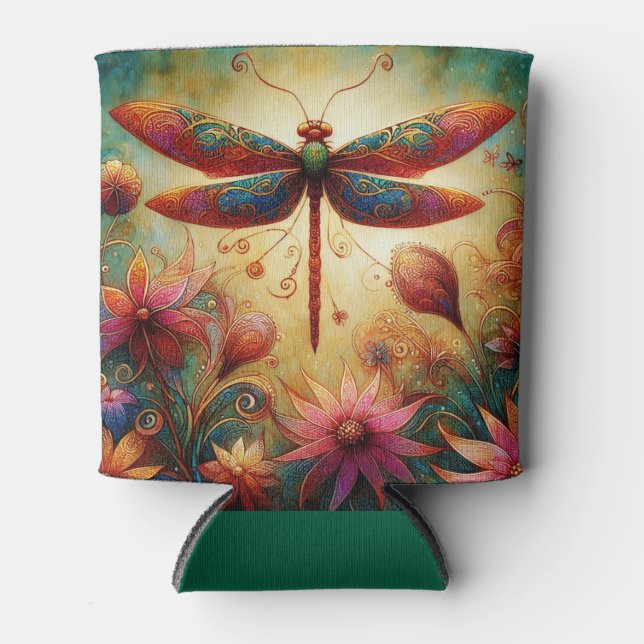 Porta-lata Dragonfly Floral Abstrato-Art Teal Rosa (Frente)