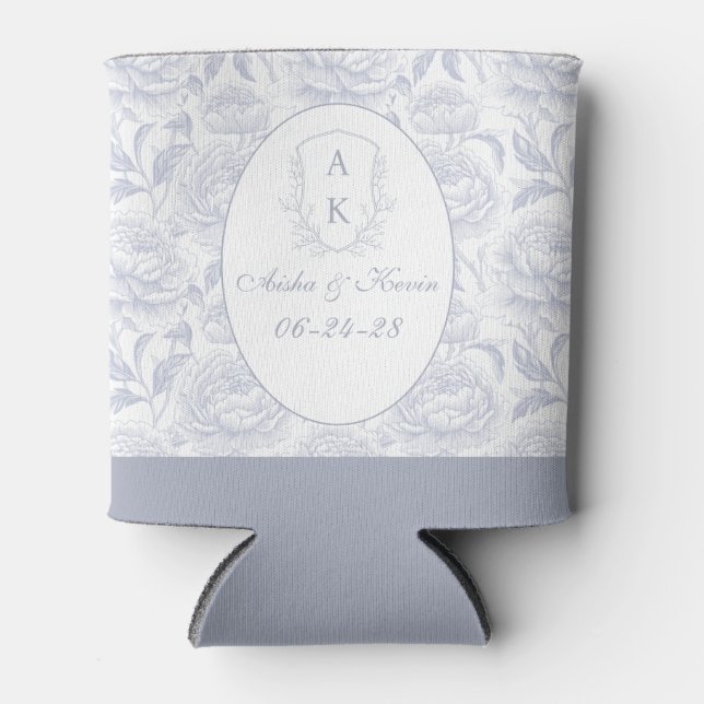 Porta-lata Dusty Blue Chinoiserie Peonies Monogram Wedding (Frente)