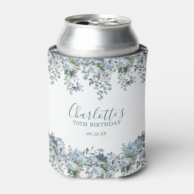 Porta-lata Dusty Blue Floral 70 Birthday Personalizado (Can Front)