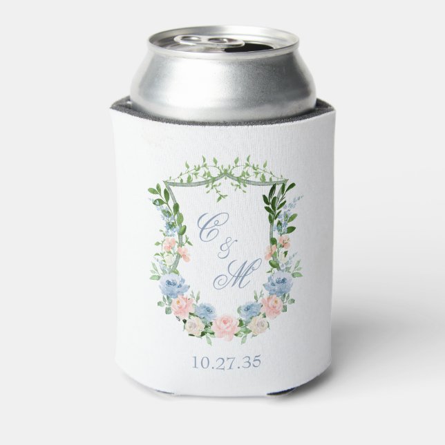 Porta-lata Dusty Blue Floral Crest Casamento (Can Back)